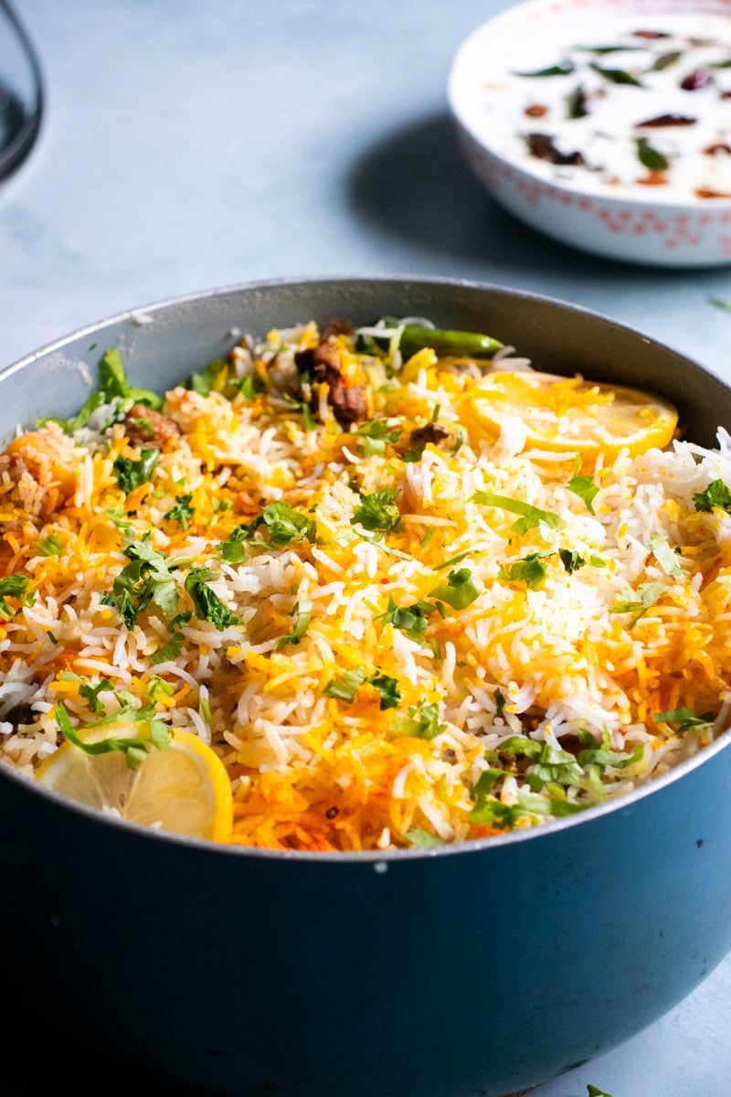 a pot of beef biryani