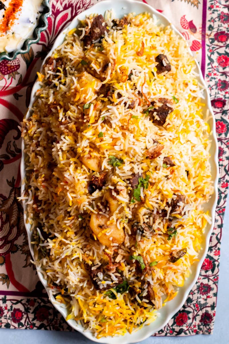 top down view of a dish of biryani