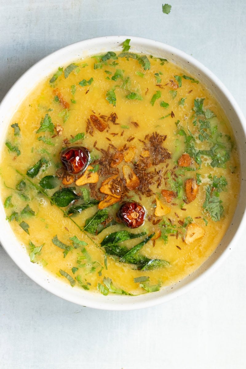 top down view of a bowl of daal