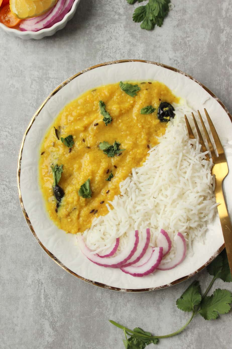 a plate of Khatti Daal with white rice and sliced red onions