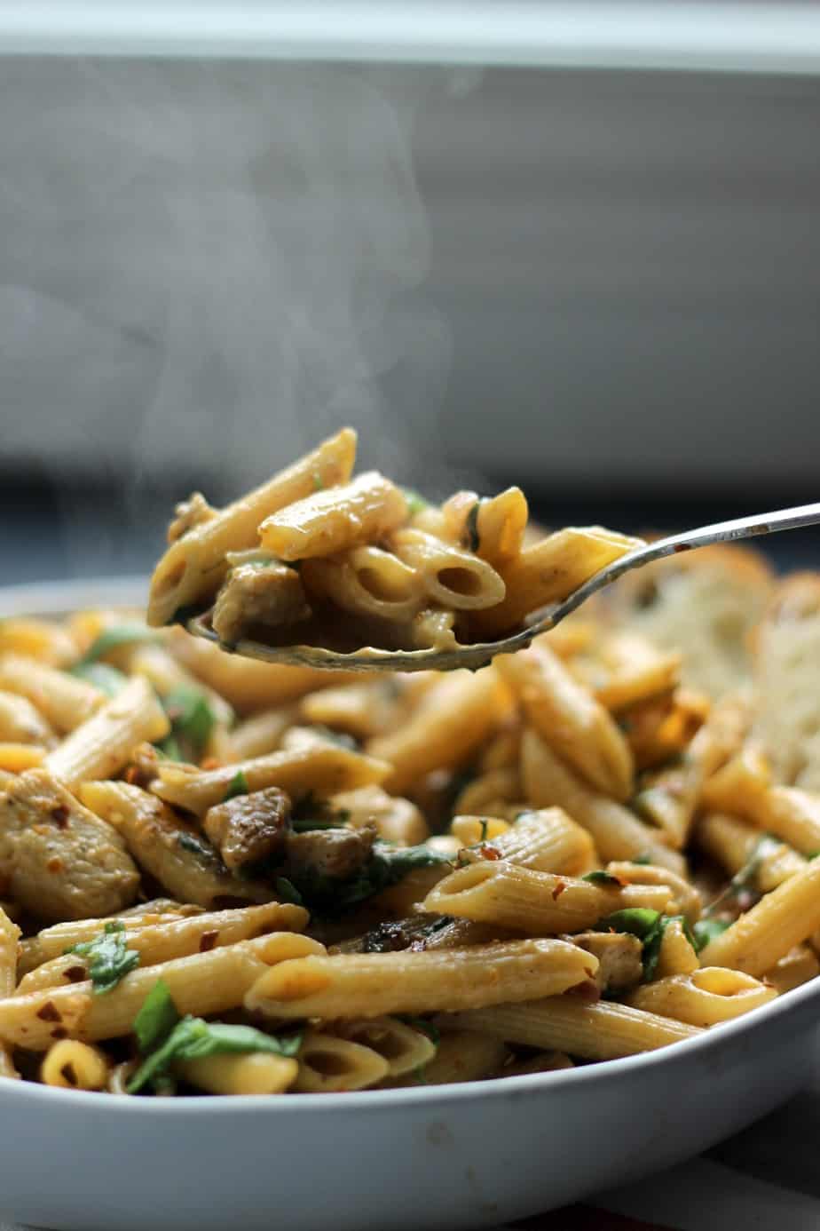 A spoon of Sun-dried Tomato & Chicken Pasta