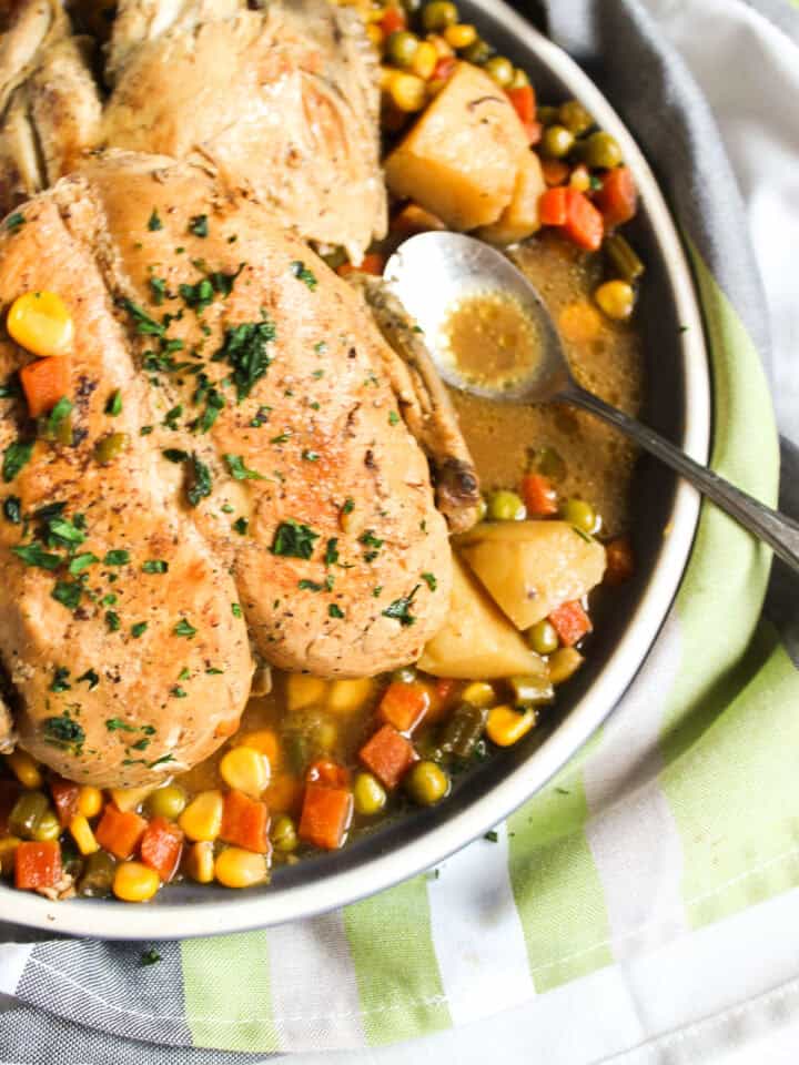 top down view of a lemon chicken roast on a platter