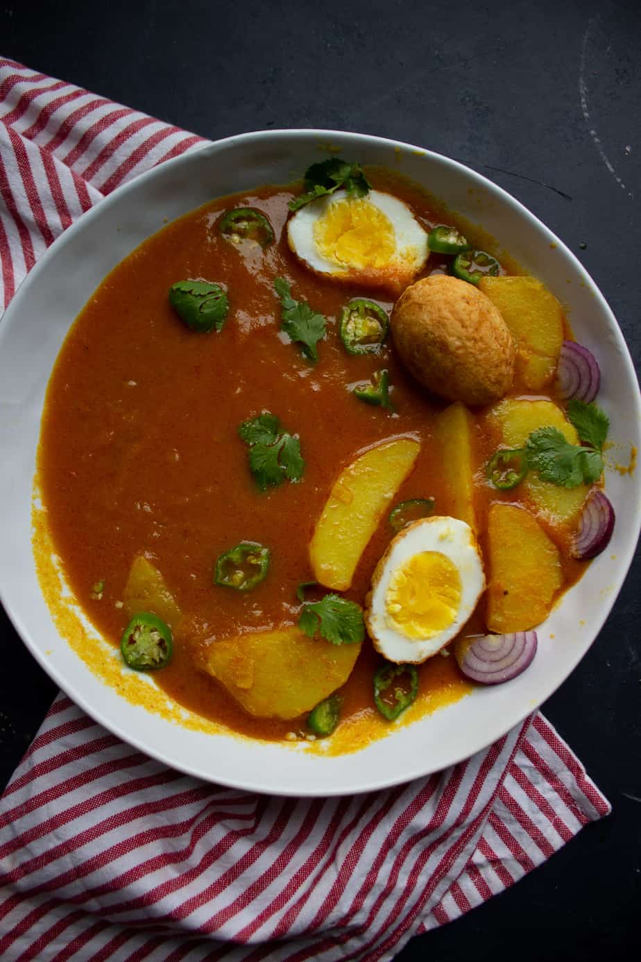 top down picture of a dish of egg curry