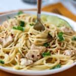 a plate with pasta being twirled around a fork