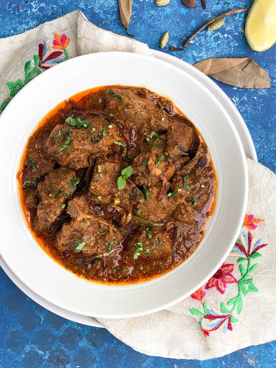 Top down shot of a bowl of Mutton handi