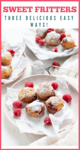 Sweet raspberry fritters ona plate, dusted with sugar