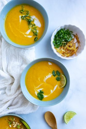 Top down images of bowls instant pot carrot soup