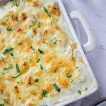 ¾ view of White Sauce Chicken Pasta in a dish