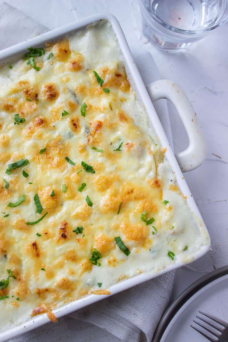 ¾ view of White Sauce Chicken Pasta in a dish