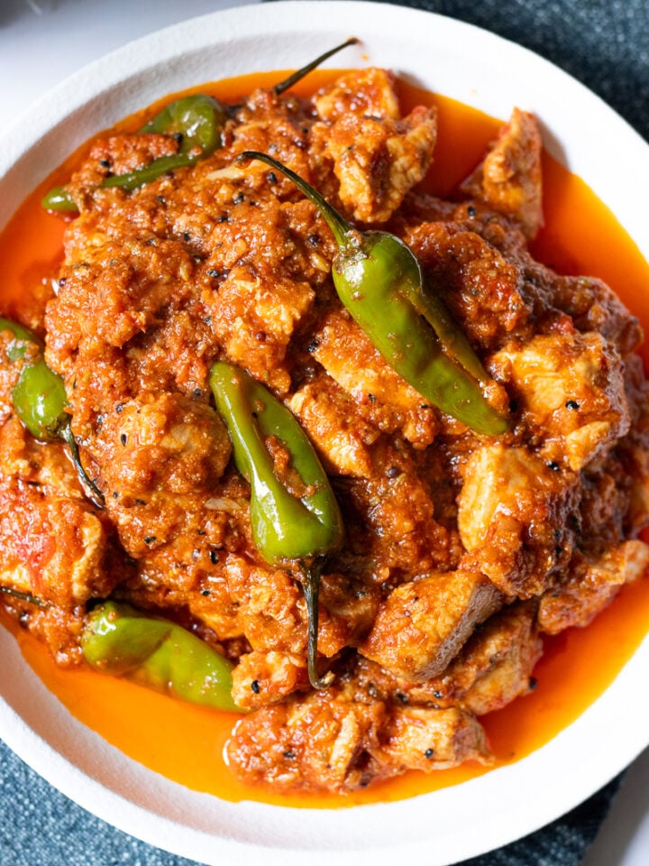 top down view of achari chicken