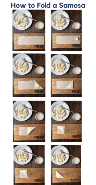 step by step of folding a cheese samosa