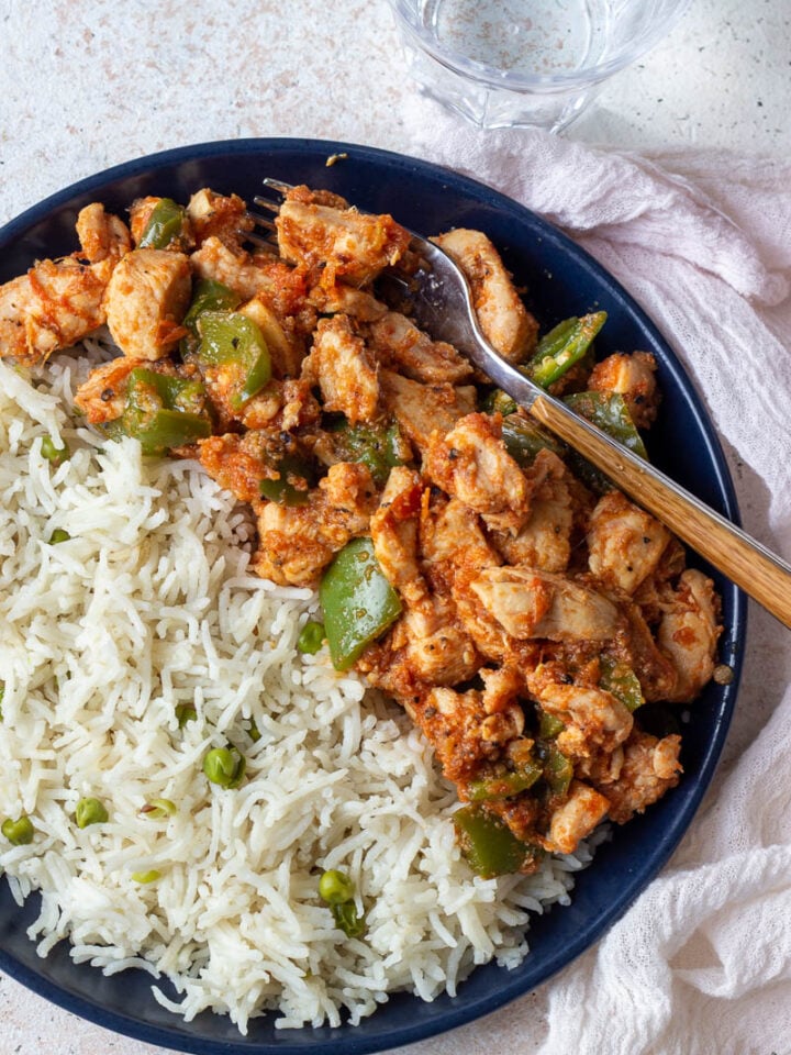 top down view of chicken jalfrezi and rice