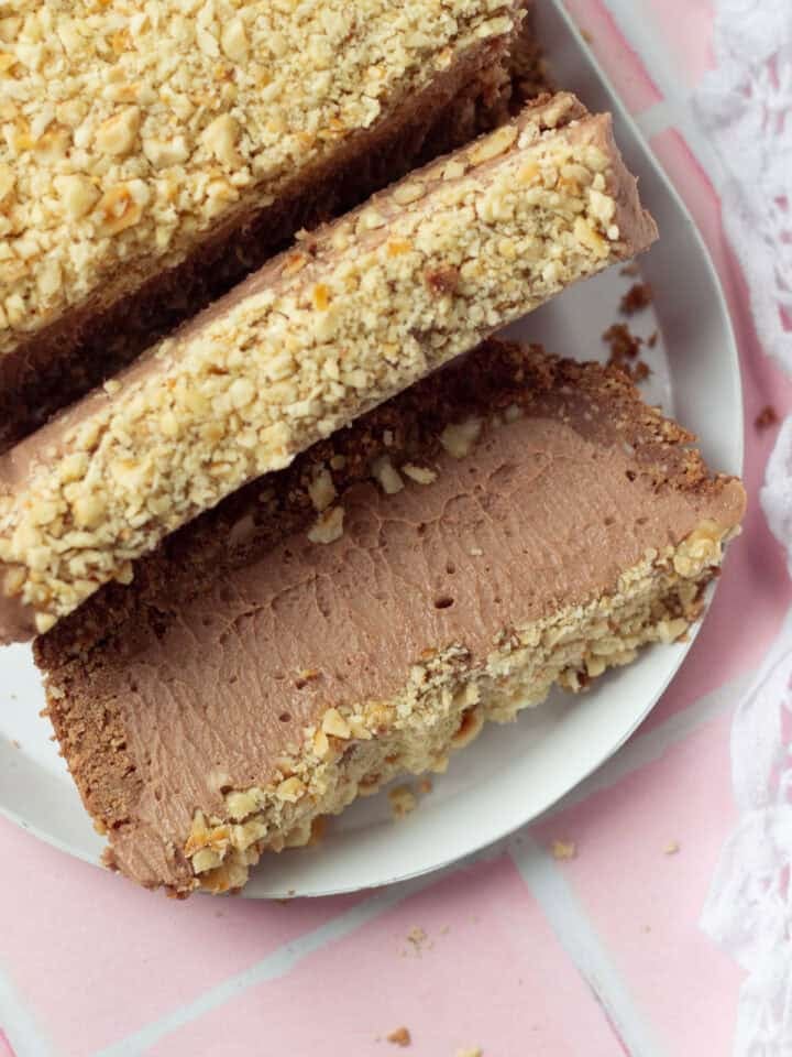 Partial top down view of Nutella Cheesecake Loaf with two slices cut