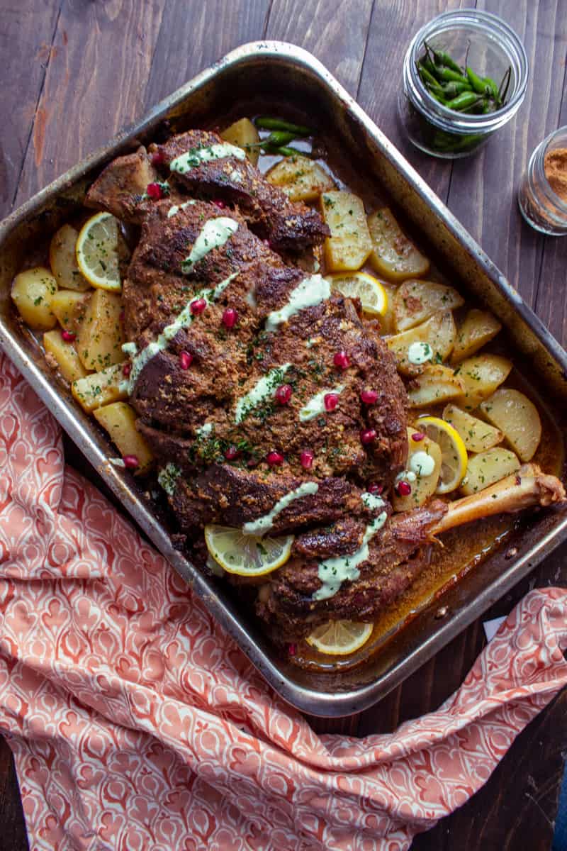 top down view of a mutton raan roast