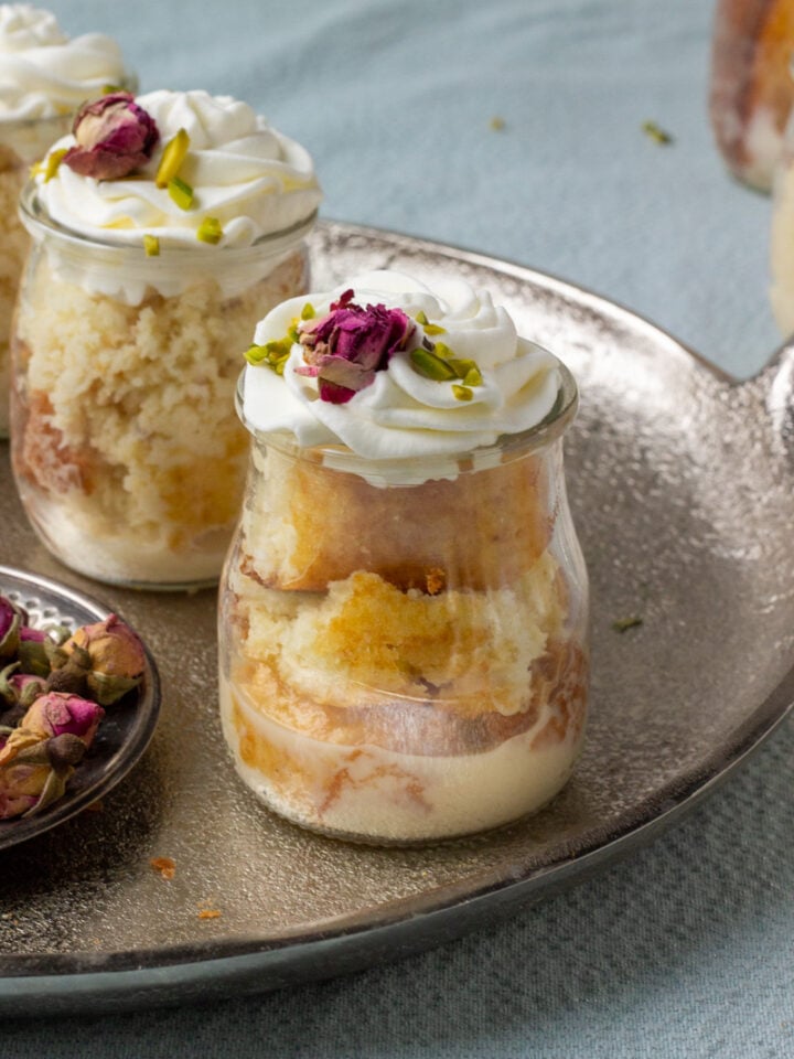 Ras Malai Tres leches jars on a tray