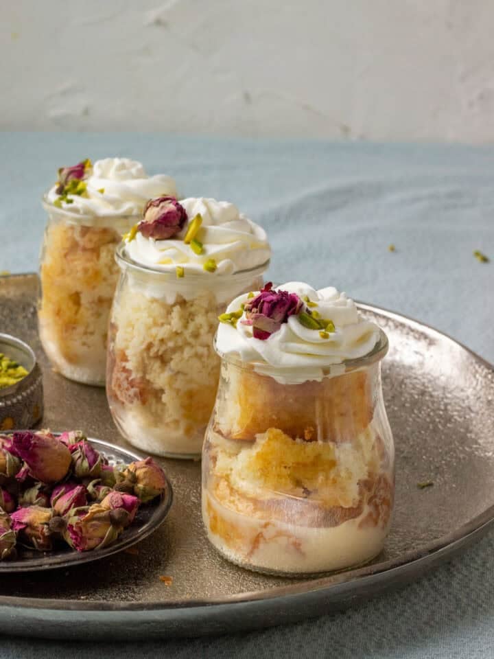 Ras Malai Tres leches jars on a tray