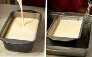 Split image: Left shows caramel custard batter being poured into a loaf pan; right shows the loaf pan in a larger pan, with water being poured around it for a water bath, all on a marble countertop.