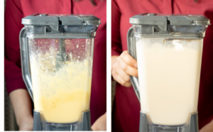 Side-by-side images show a person in a maroon shirt blending ingredients; the left blender holds a yellow caramel custard mixture, while the right contains a smooth, creamy light blend.
