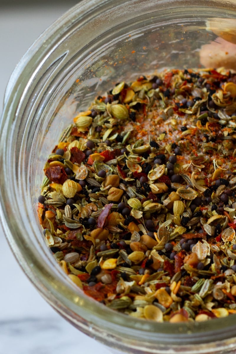 achar masala in a jar, up close