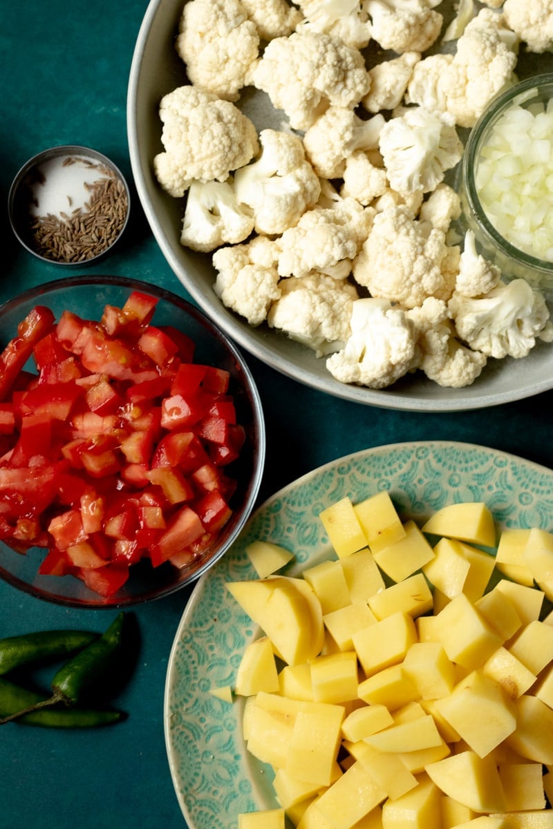 chopped tomatoes, cauliflower, potatoes.