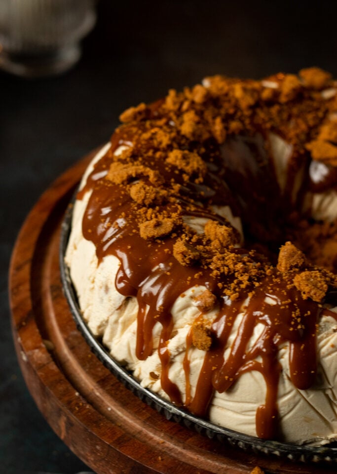 partial 3/4 view of a biscoff ice cream cake
