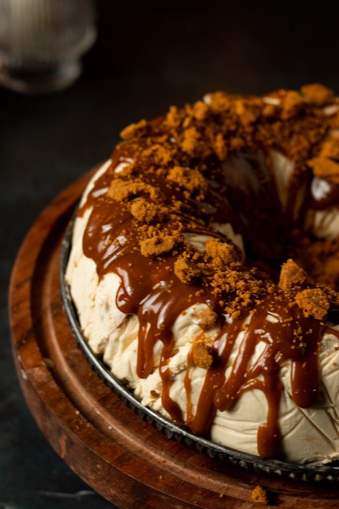 partial ¾ view of a biscoff ice cream cake
