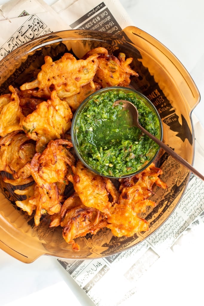 top down view of pakoras and chutney