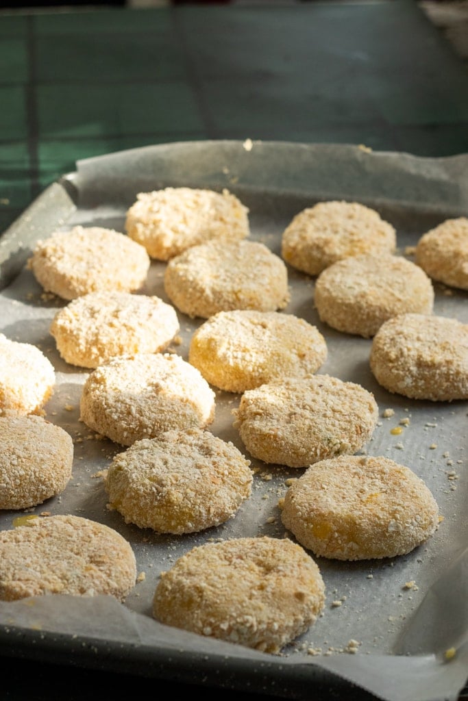 a tray of potato cutlets that need to be flash frozen