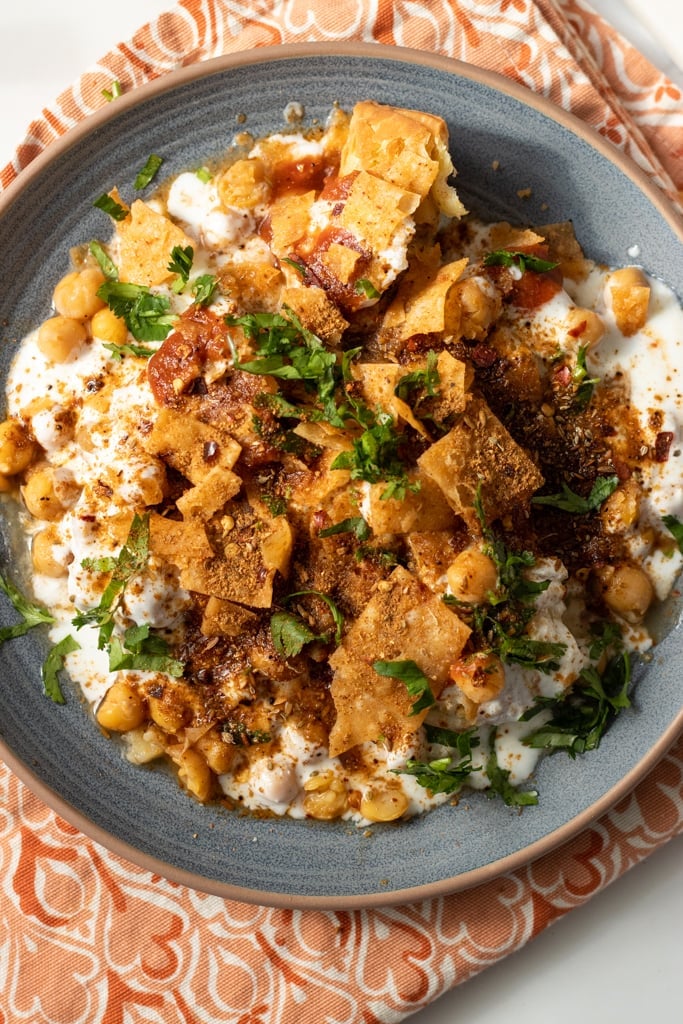 top down plate of samosa chaat