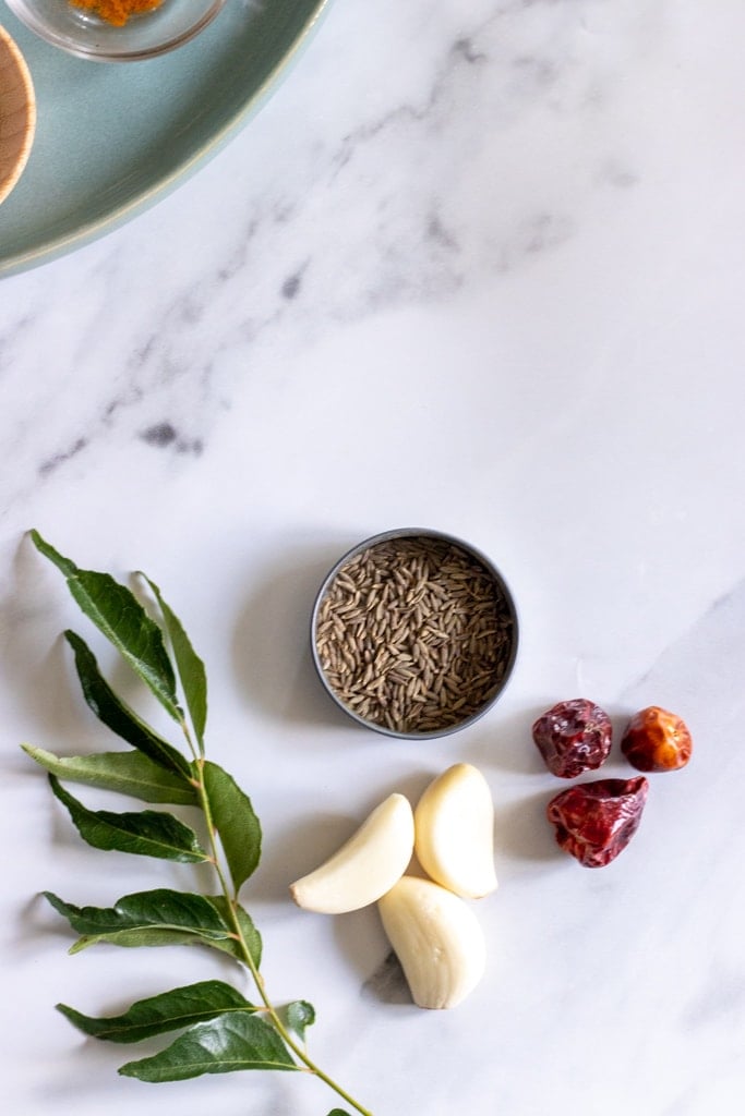 top down view of baghaar or tadka ingredients