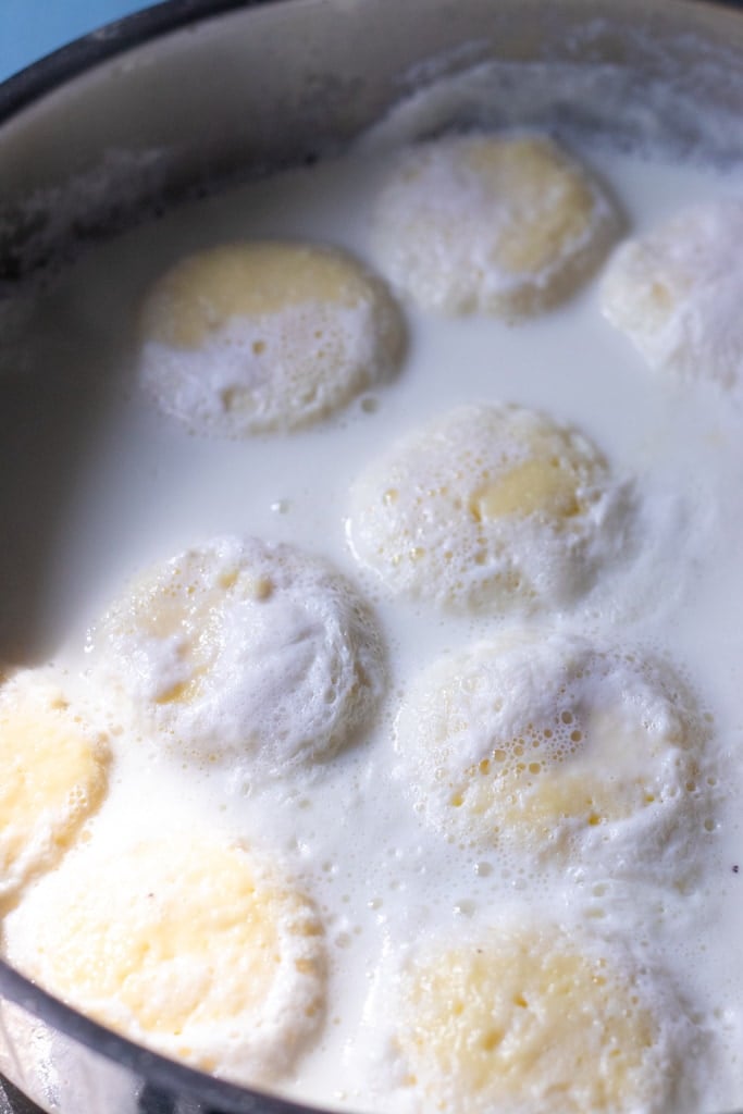 rasmalai pedas in milk, uncooked on one side