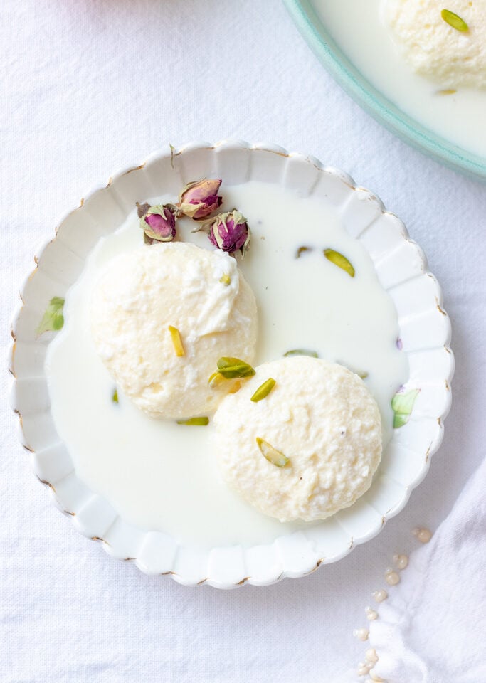 tender milk powder ras malai in a plate