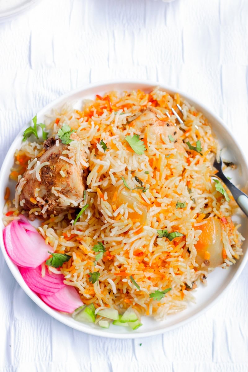 top down view of a plate of biryani