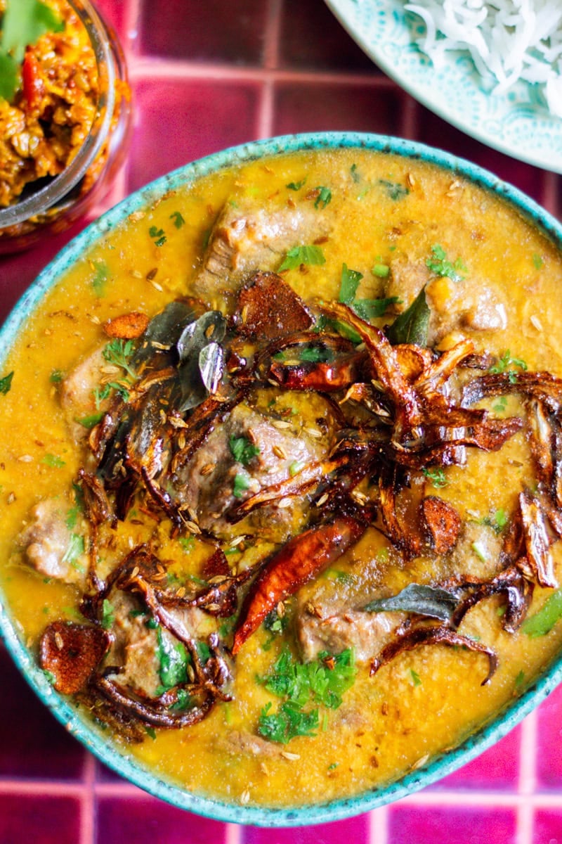 top down view of a bowl of dal gosht