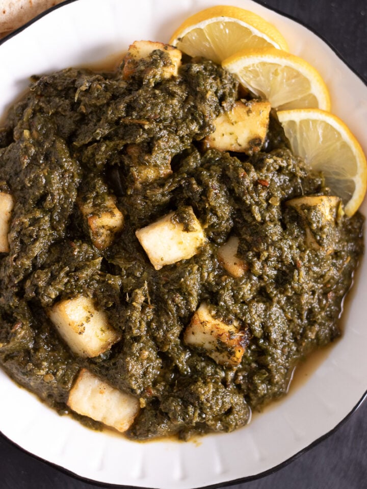 top down view of a plate of palak paneer