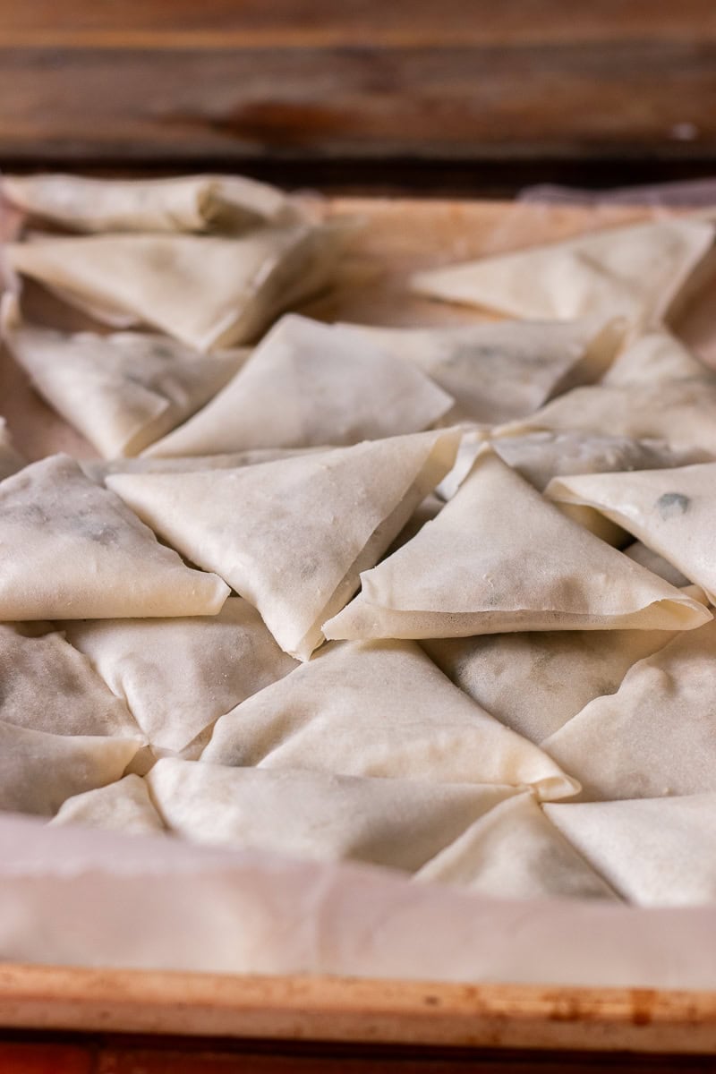 keema samosas in a tray flash frozen