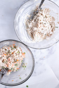 top down view of prepped chicken sandwich mix